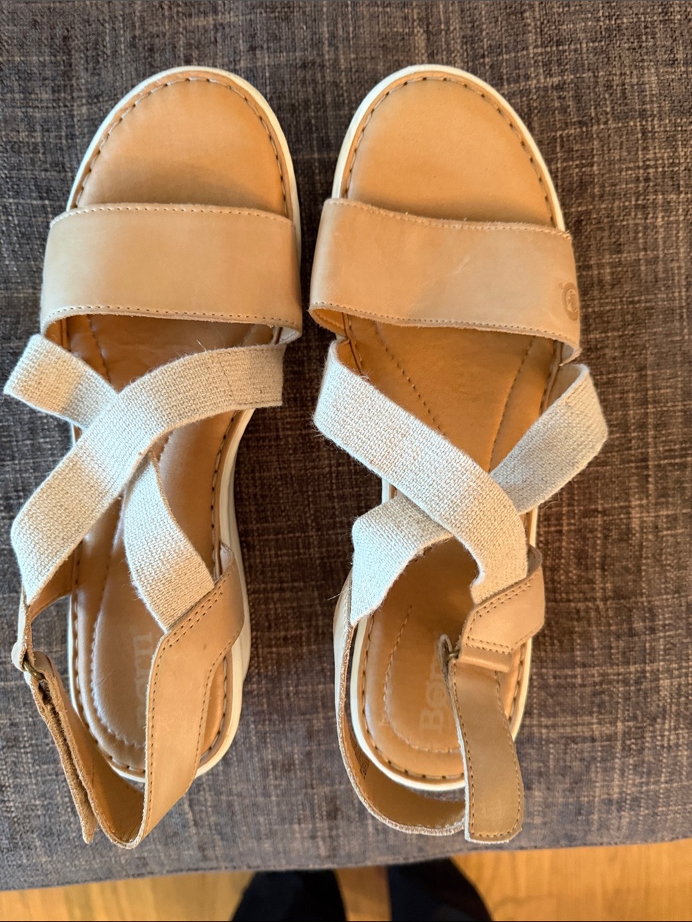 Born Tan Leather Sandals with Cream Elastic Cross-Straps